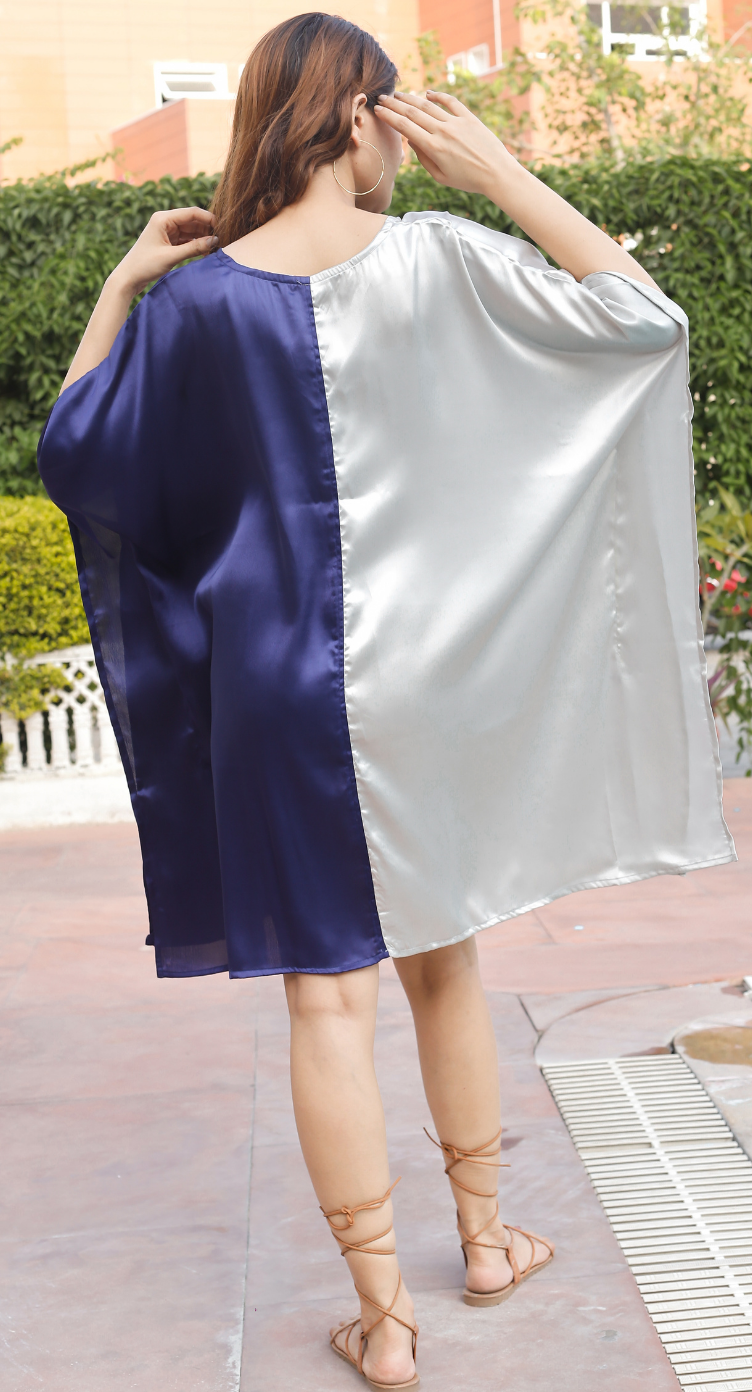 White & Navy Colorblock Satin Plus Size Tunic for Women 1X-3X 3/4 Sleeve V Neck | GypsieBlu