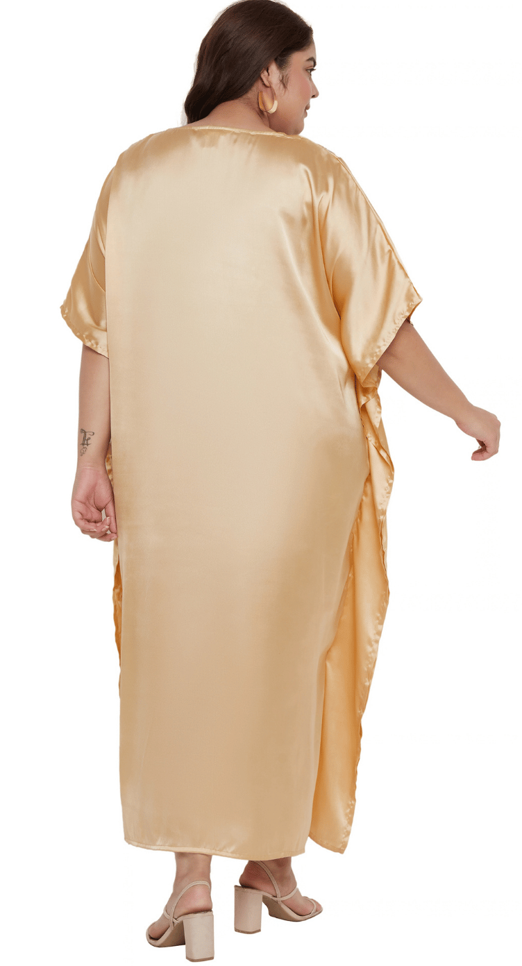 Beige Embroidered Satin Plus Size Kaftan Dress for Women 1X-3X V Neck | GypsieBlu