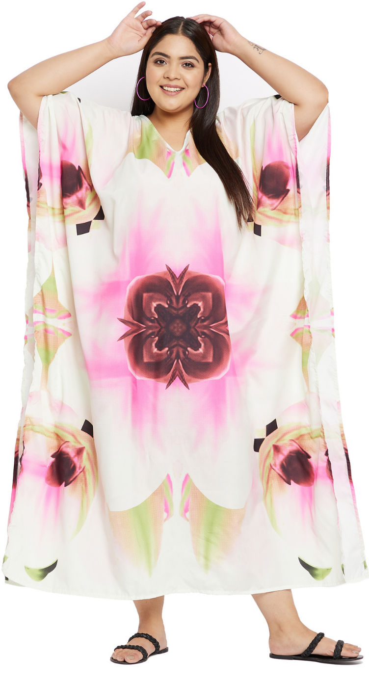 Watercolor Floral Kaleidoscope Polyester Plus Size Kaftan for Women 1X-3X V Neck | GypsieBlu