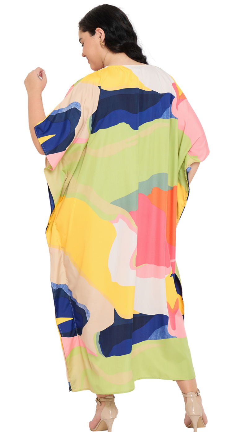 Multicolor pastel abstract print plus size kaftan with kimono sleeves — second view
