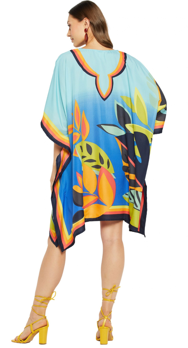 Blue & Multicolor Abstract Tropical Leaf Polyester Plus Size Tunic for Women 1X-3X | GypsieBlu