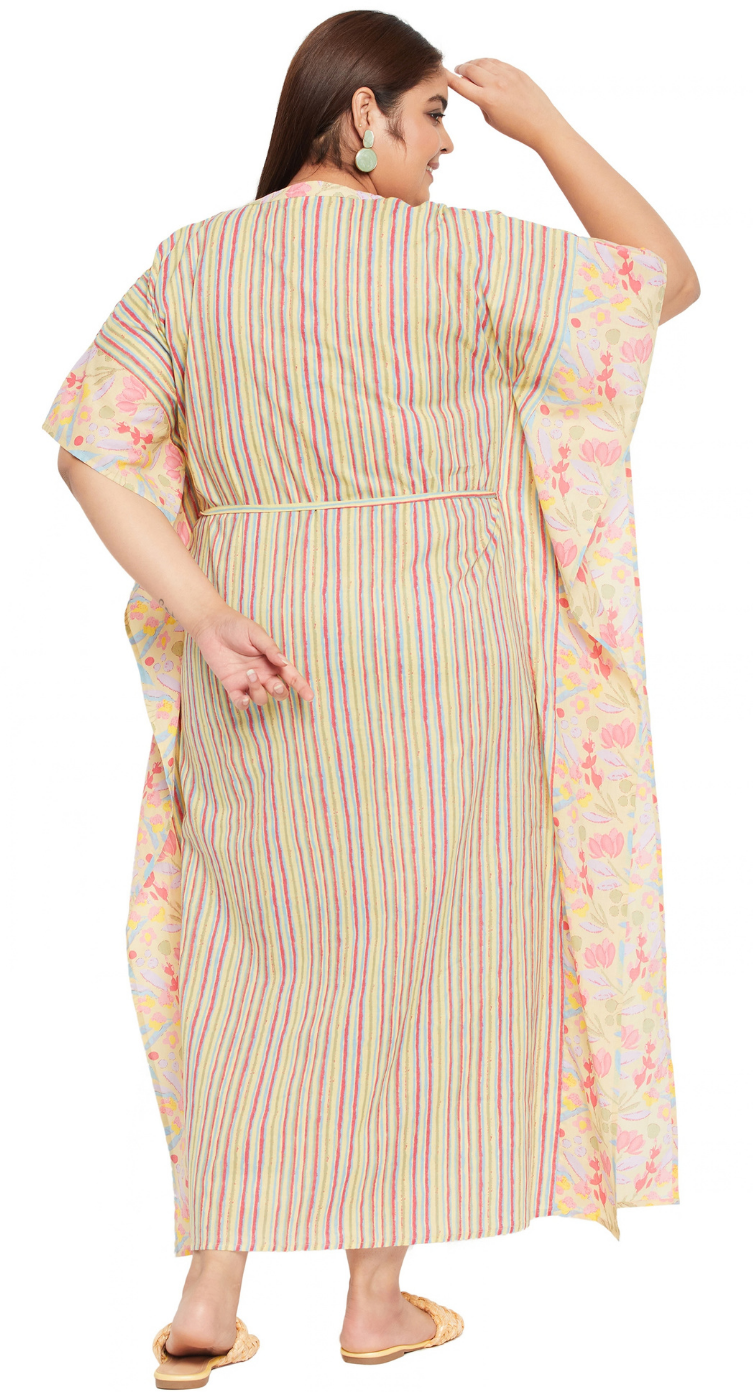Yellow Striped Cotton Plus Size Kaftan Dress for Women 1X-3X 3/4 Sleeve | GypsieBlu