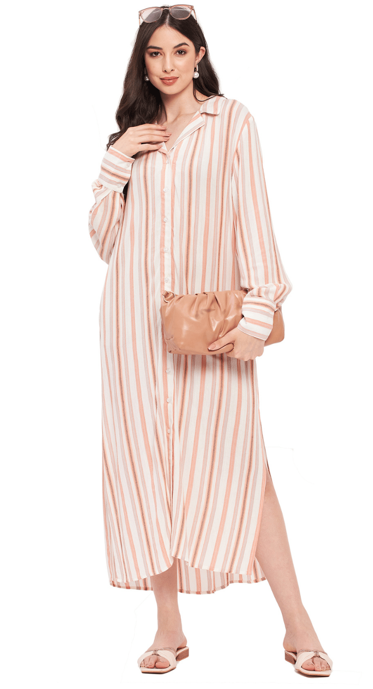 White & Rust Brown Striped Rayon Dress for Women S-XL Long Sleeve | GypsieBlu
