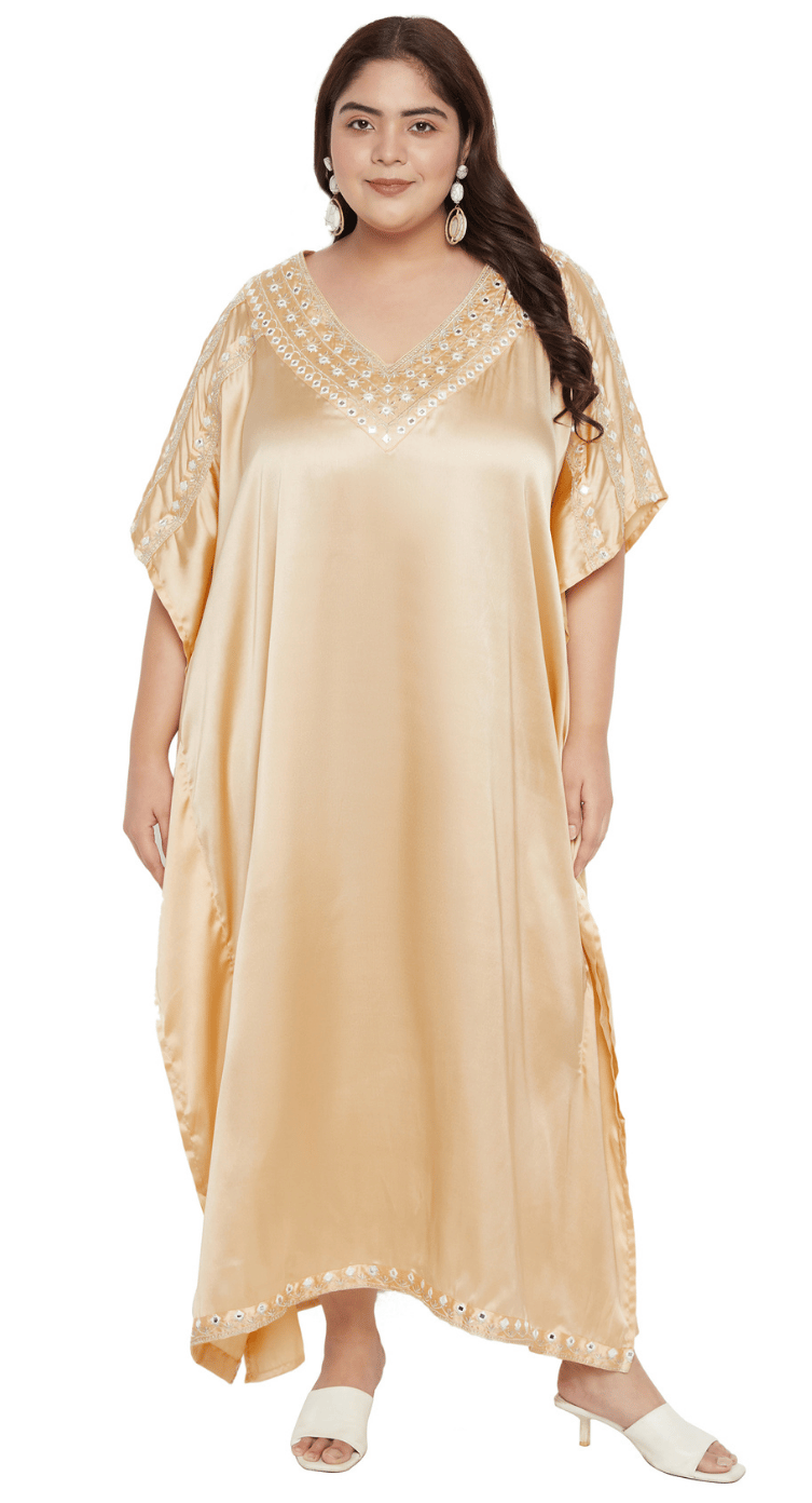 Beige Embroidered Satin Plus Size Kaftan Dress for Women 1X-3X V Neck | GypsieBlu