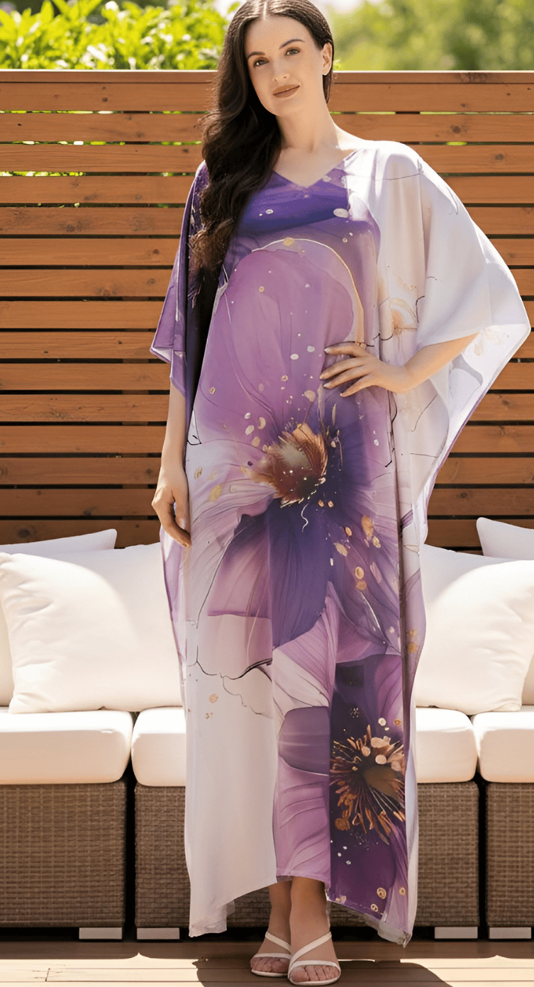 Light Purple Watercolor Floral Satin Plus Size Kaftan Dress for Women 1X-3X | GypsieBlu