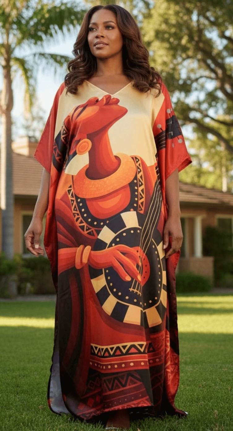 Orange Tribal Satin Plus Size Kaftan Dress for Women 1X-3X 3/4 Sleeve | GypsieBlu