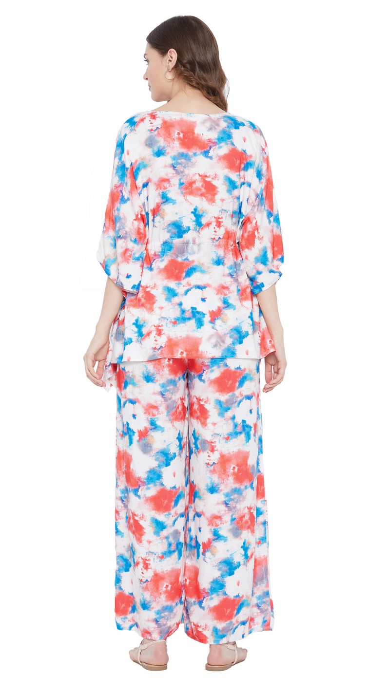 Red & Blue Watercolor Stain Rayon Co-ord Set for Women S-3X — second view