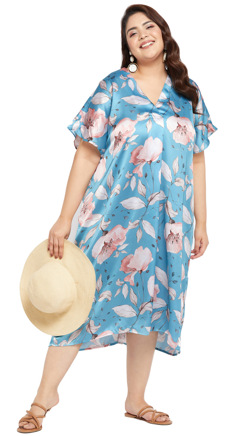 Pastel Blue Floral Peony Bloom Satin Plus Size Kaftan Dress for Women 1X-3X V Neck | GypsieBlu