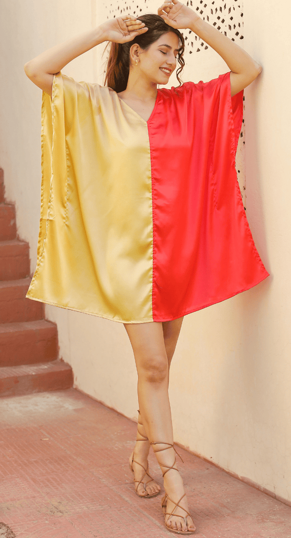 Gold & Red Colorblock Satin Plus Size Tunic for Women 1X-3X 3/4 Sleeve V Neck | GypsieBlu