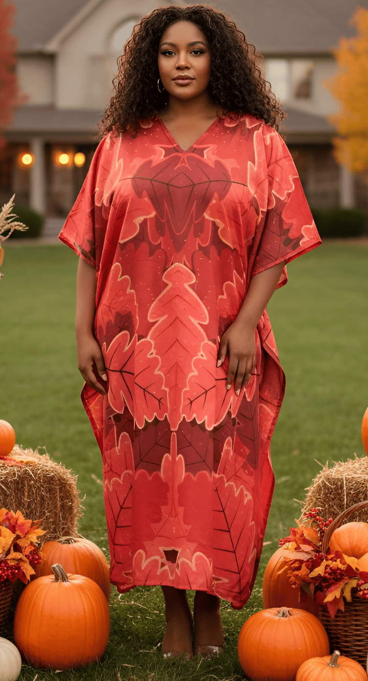 Red Geometric Leaf Polyester Plus Size Kaftan for Women 1X-3X | GypsieBlu