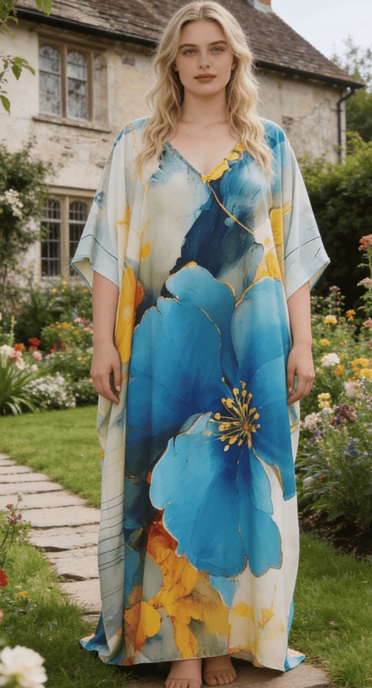 Royal Blue Oversized Watercolor Plus Size Kaftan for Women 1X-3X | GypsieBlu