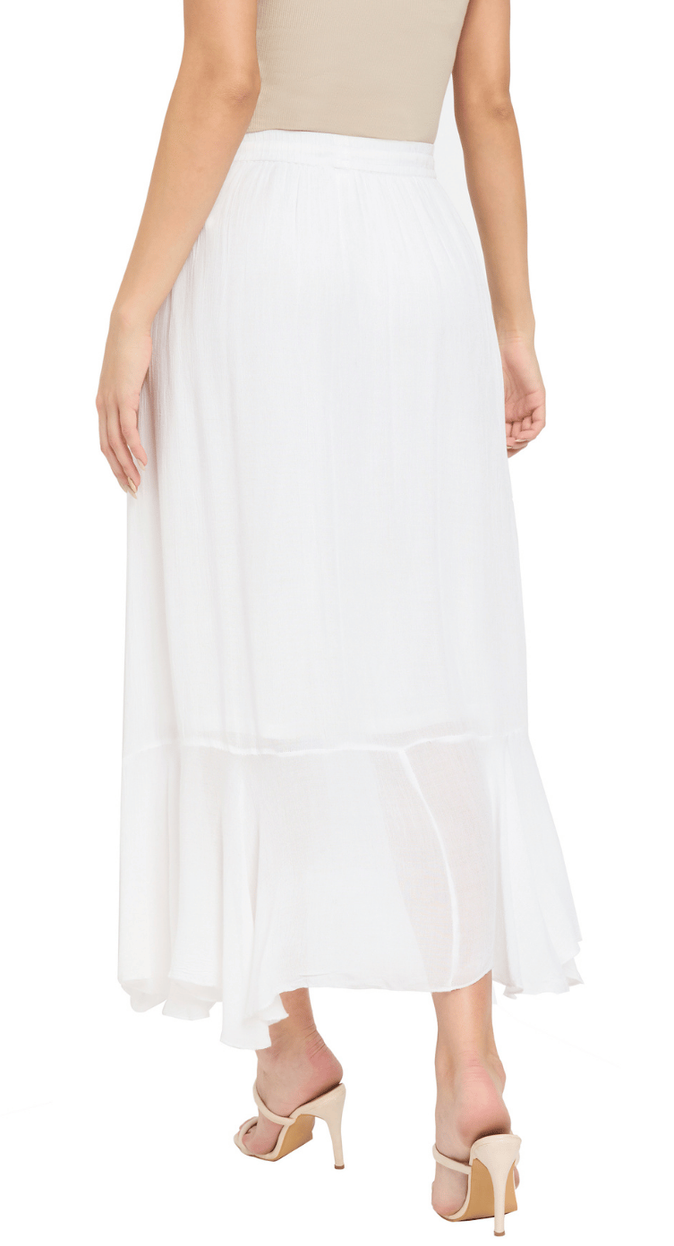 White rayon ruffled maxi skirt with layered hem, worn with a cream bodysuit — second view