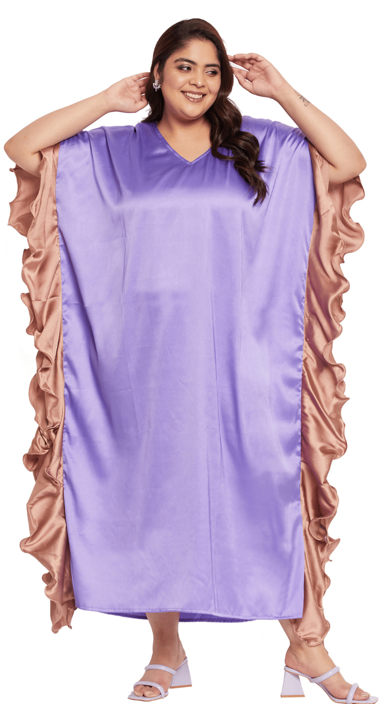 Lavender Ruffled Rose-Gold Ruffle Satin Plus Size Kaftan Dress for Women 1X-3X V Neck | GypsieBlu