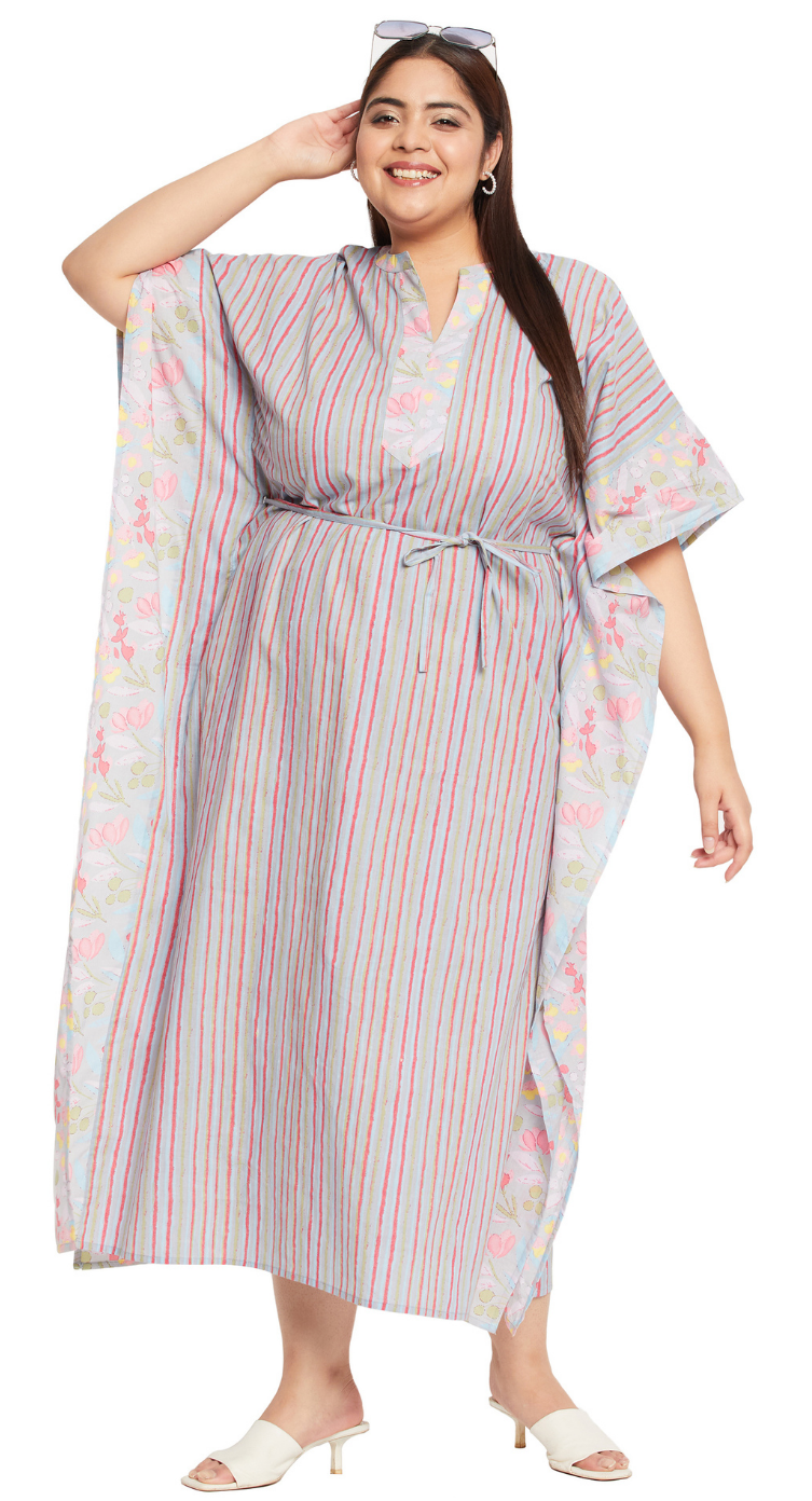 Gray Floral Cotton Plus Size Kaftan Dress for Women 1X-3X 3/4 Sleeve | GypsieBlu