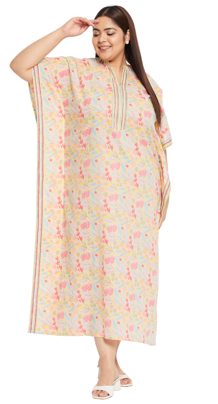 Blush Yellow Floral Cotton Plus Size Kaftan Dress for Women 1X-3X 3/4 Sleeve | GypsieBlu