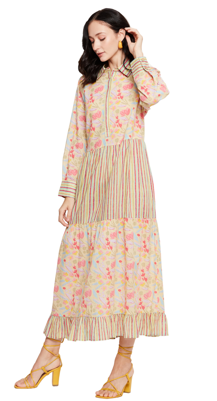 Yellow Floral Cotton Maxi Dress for Women S-XL Long Sleeves | GypsieBlu