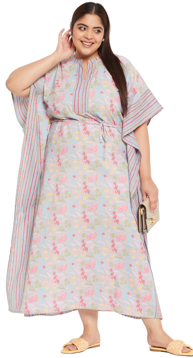 Gray Floral Cotton Plus Size Kaftan Dress for Women 1X-3X 3/4 Sleeve | GypsieBlu