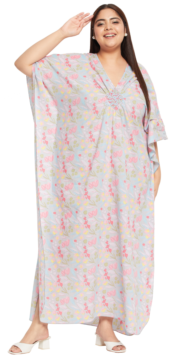 Gray Floral Cotton Plus Size Kaftan Dress for Women 1X-3X 3/4 Sleeve | GypsieBlu