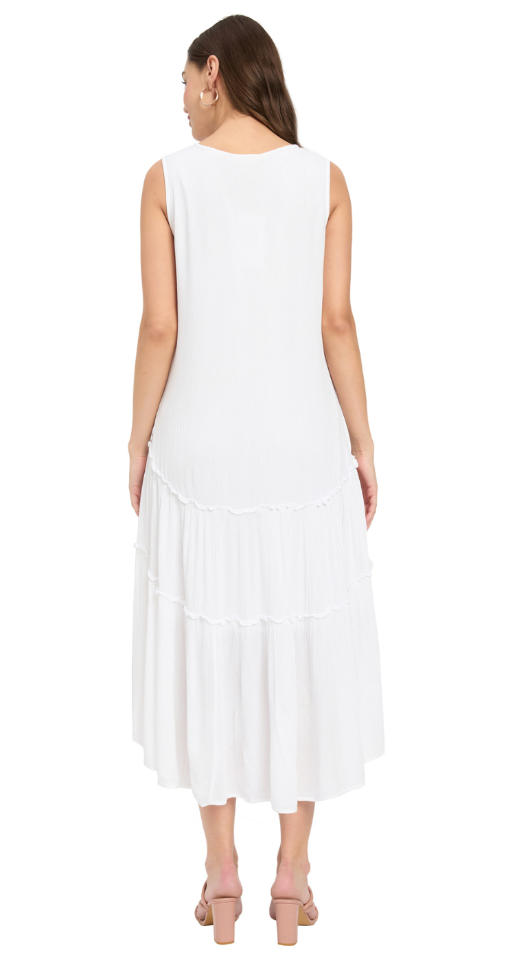 White rayon sleeveless midi dress with round neck and tiered high-low skirt — second view