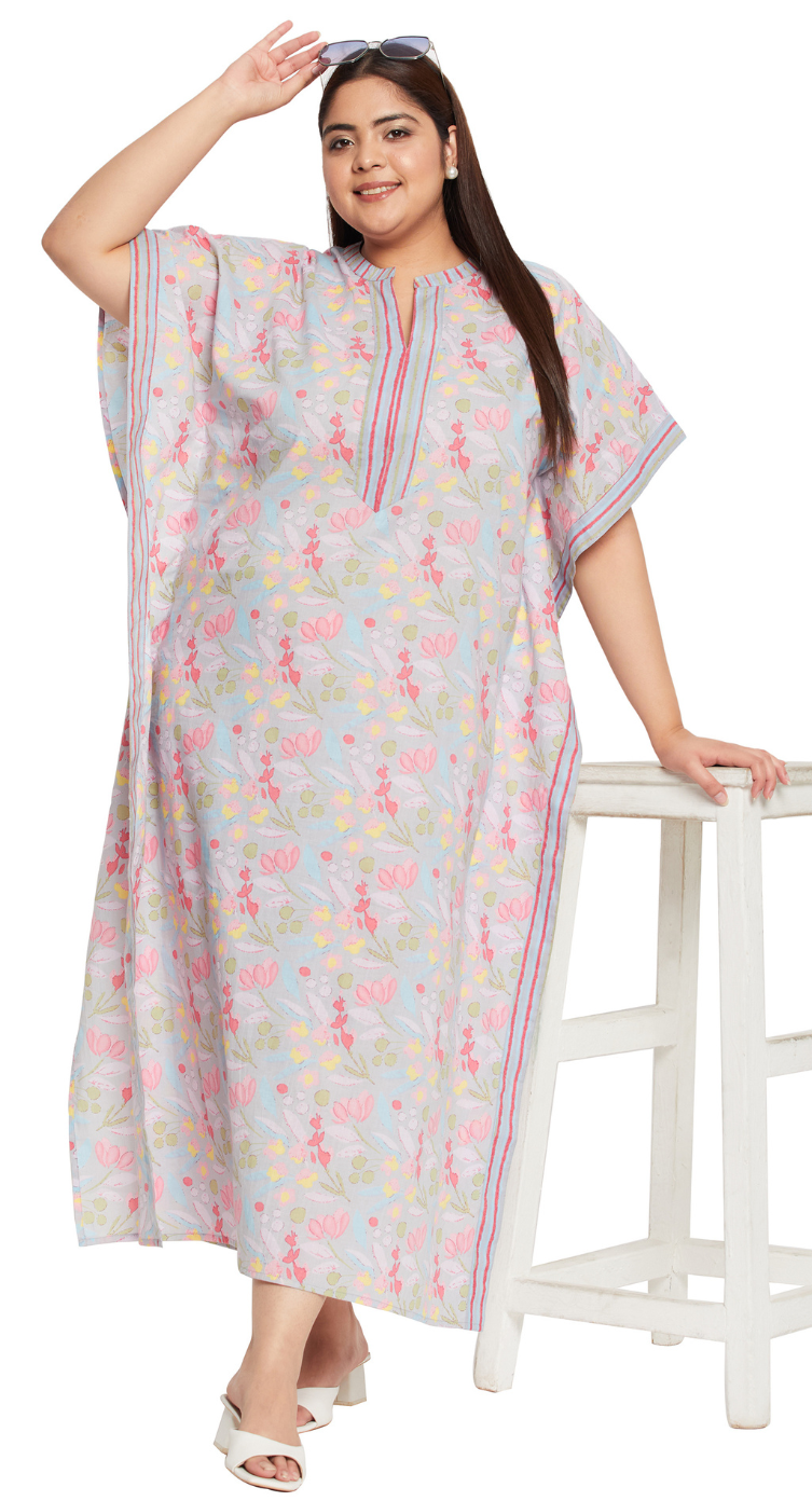 Gray Floral Cotton Plus Size Kaftan Dress for Women 1X-3X 3/4 Sleeve | GypsieBlu