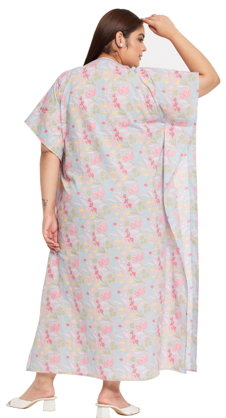 Gray Floral Cotton Plus Size Kaftan Dress for Women 1X-3X 3/4 Sleeve | GypsieBlu