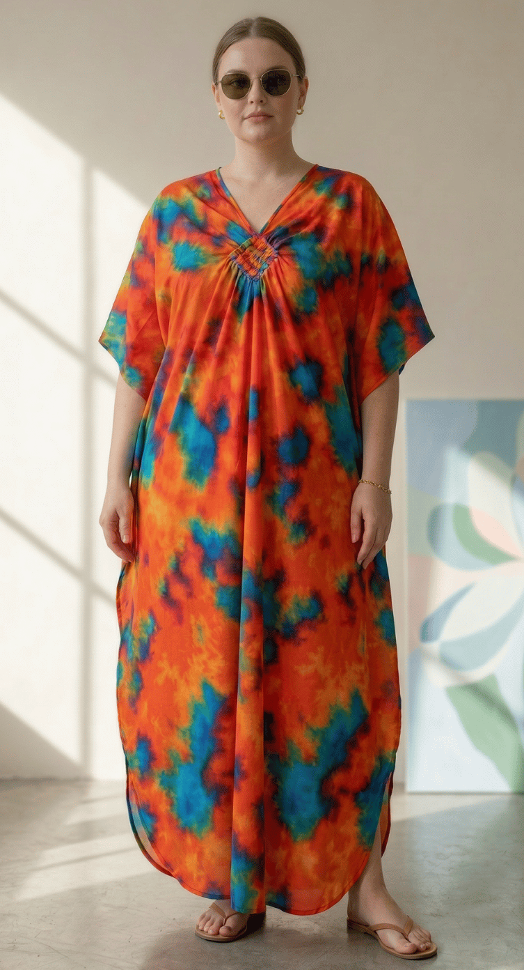 Orange Dye Watercolor Polyester Plus Size Kaftan for Women 1X-3X | GypsieBlu