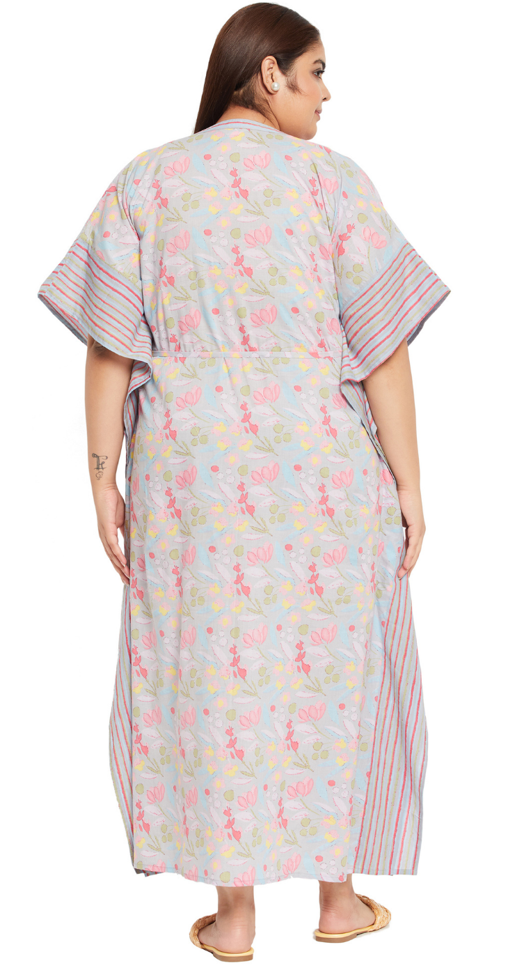 Gray Floral Cotton Plus Size Kaftan Dress for Women 1X-3X 3/4 Sleeve | GypsieBlu