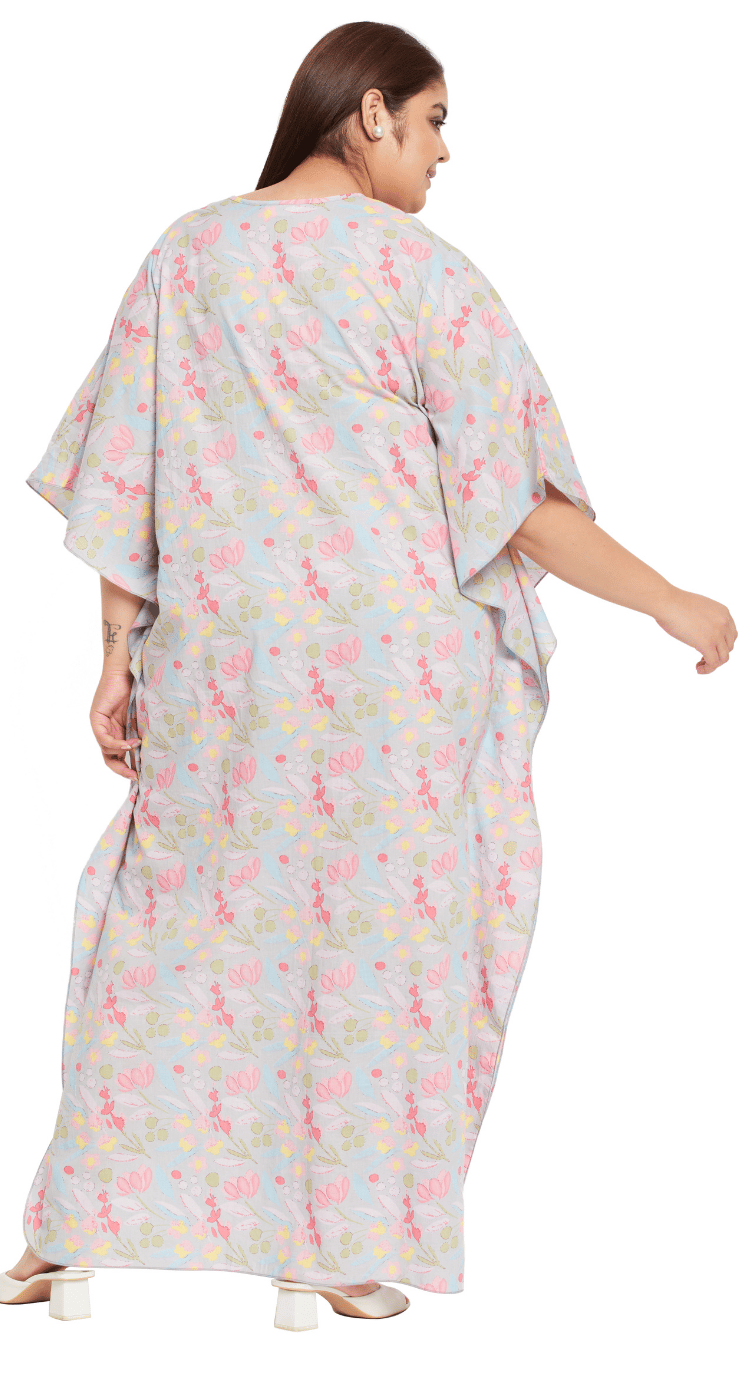 Gray Floral Cotton Plus Size Kaftan Dress for Women 1X-3X 3/4 Sleeve | GypsieBlu
