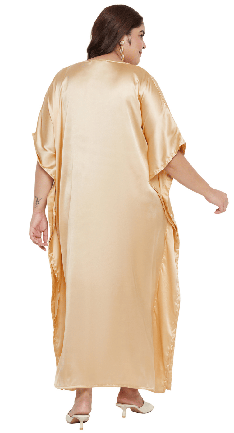 Beige satin plus size kaftan dress with embellished neckline and wide kimono sleeves — second view