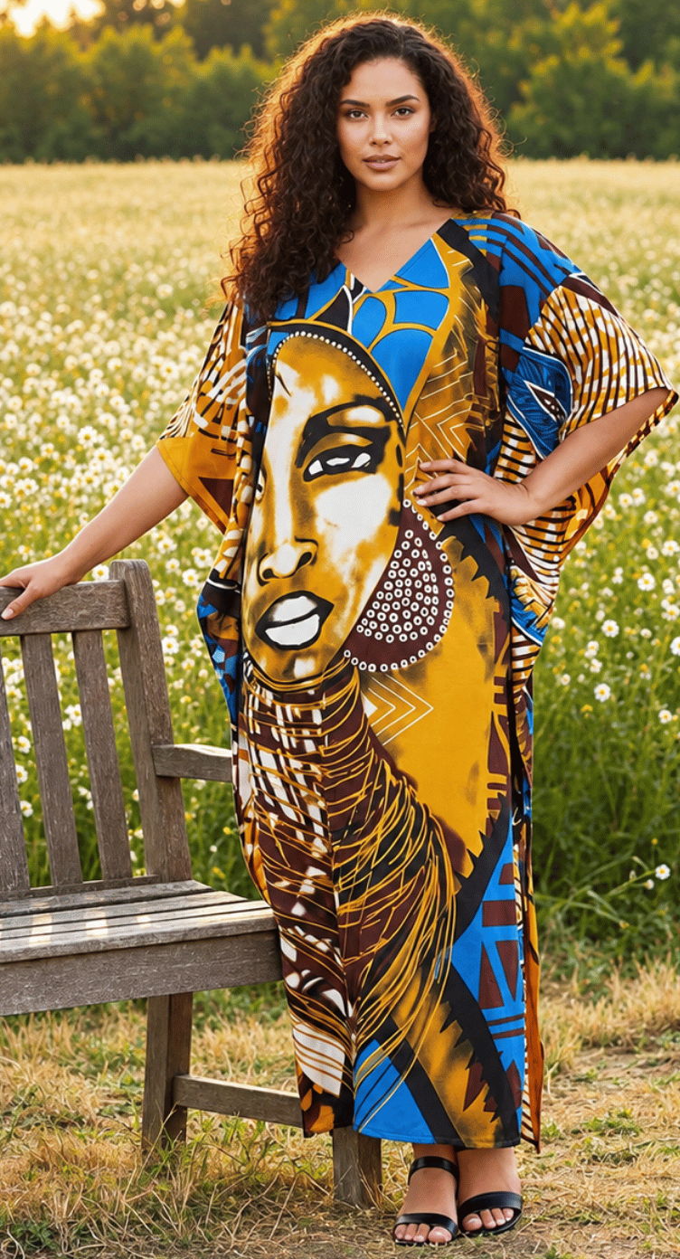 Blue Tribal Portrait Polyester Plus Size Kaftan for Women 1X-3X | GypsieBlu
