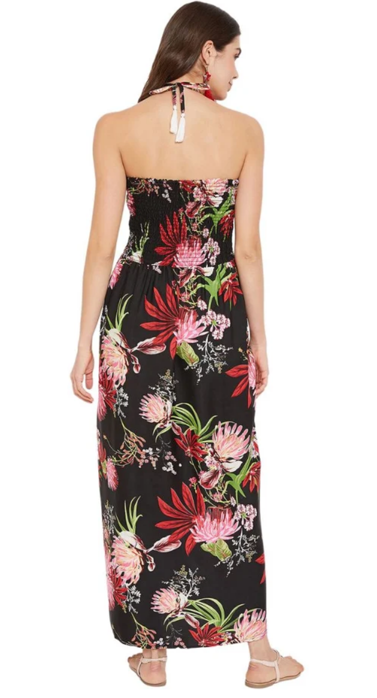 Black Floral Bouquet Polyester Plus Size Tube Dress for Women 1X-3X Sleeveless | GypsieBlu