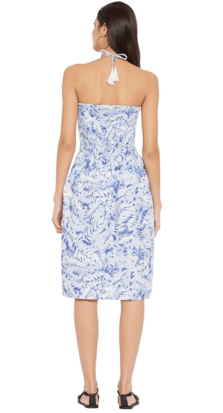 Blue & White Leaf Polyester Tube Dress for Women S-XL | GypsieBlu