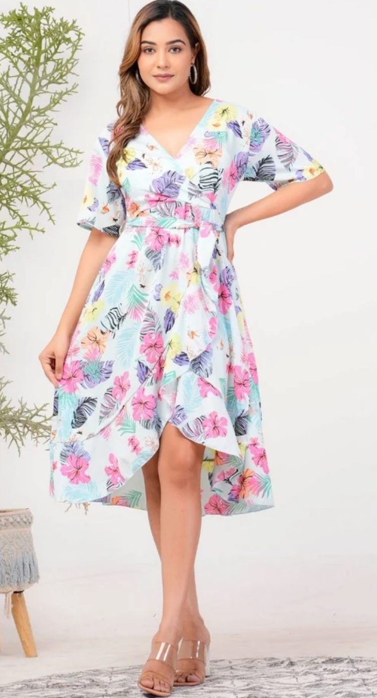 White Tropical Polyester Wrap Midi Dress for Women S-XL Short sleeve | GypsieBlu