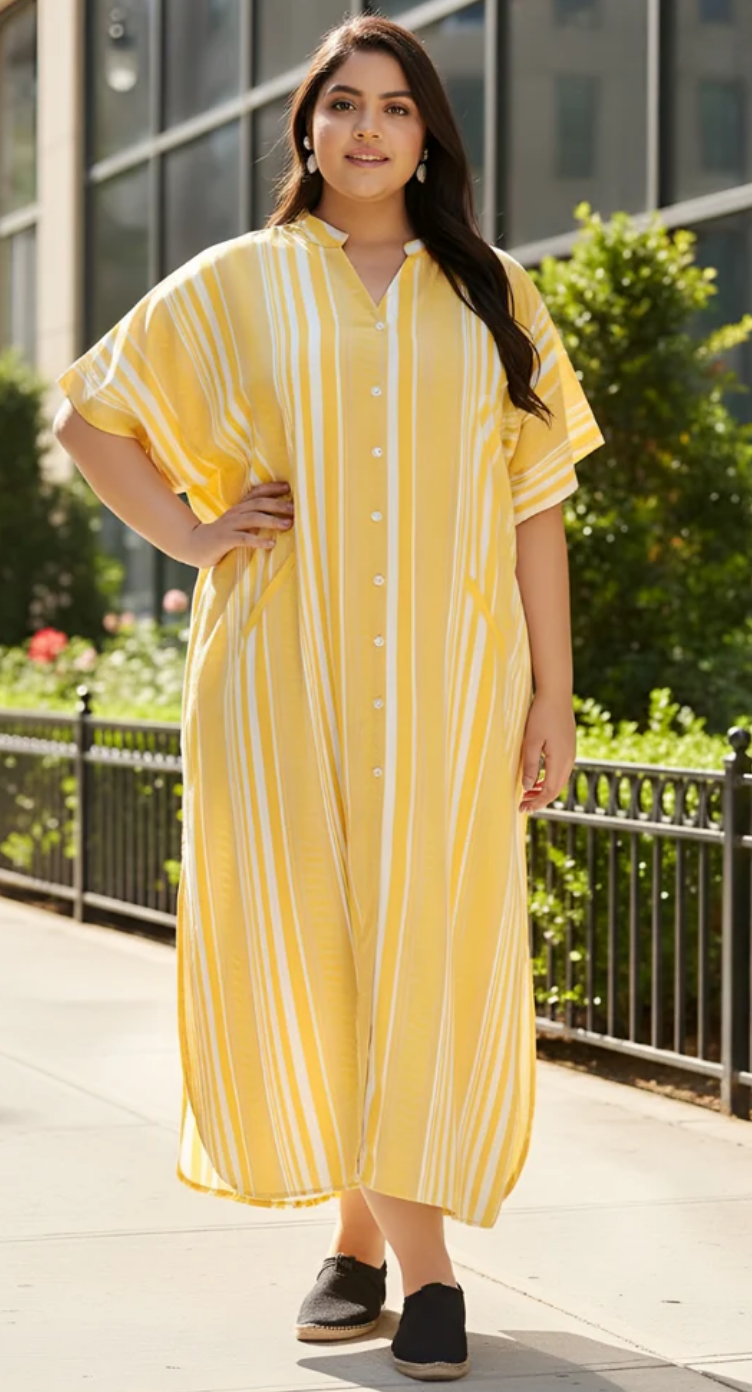 Yellow Vertical Stripe Polyester Plus Size Kaftan for Women 1X-3X | GypsieBlu