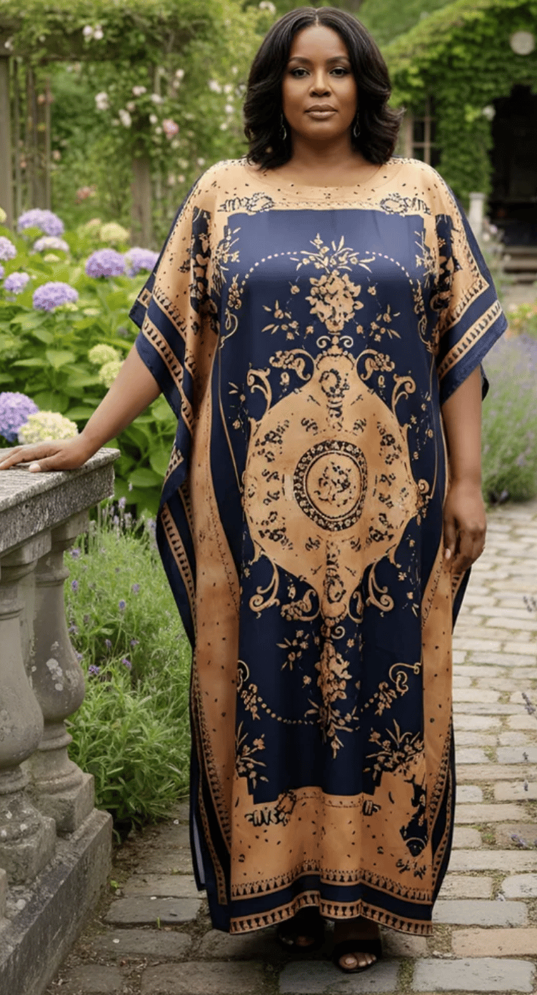 Navy Medallion Satin Plus Size Kaftan Dress for Women 1X-3X 3/4 Sleeve | GypsieBlu