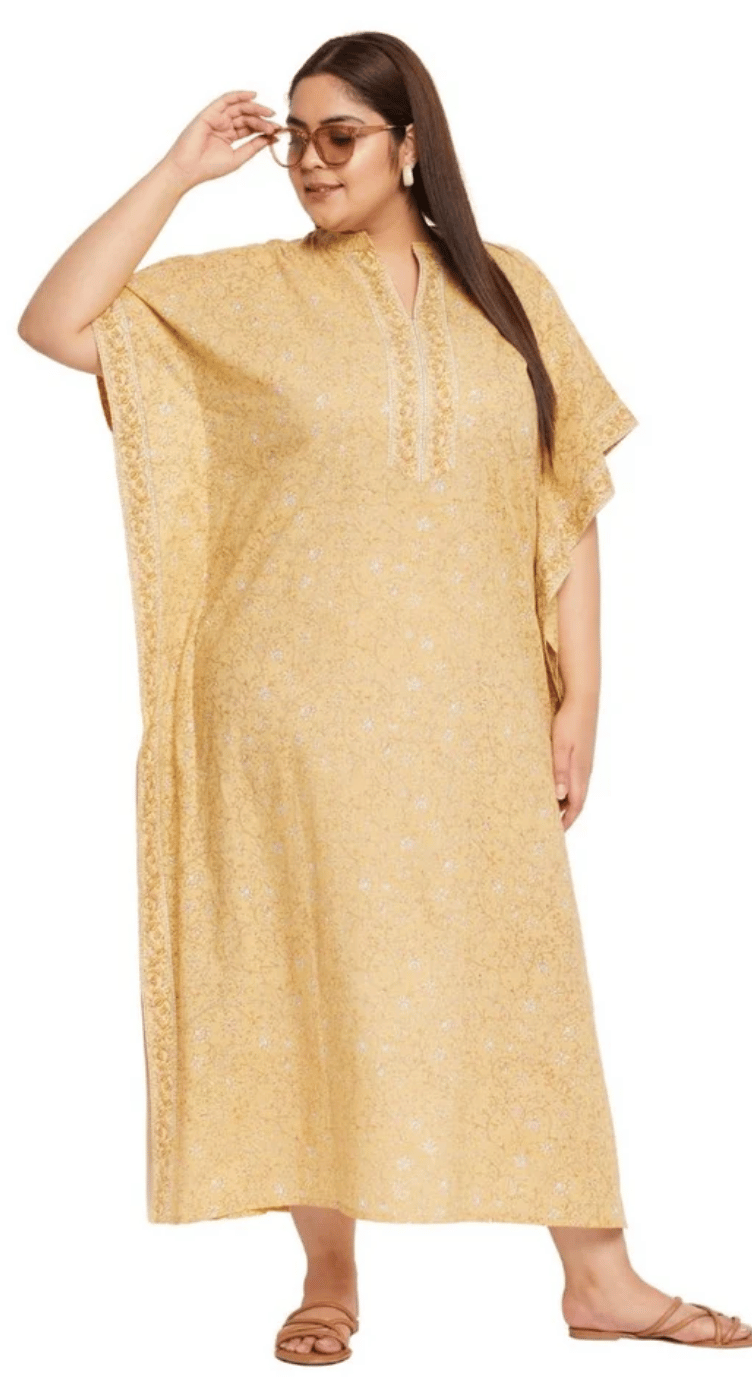 Pale Yellow Floral Cotton Plus Size Kaftan Dress for Women 1X-3X 3/4 Sleeve | GypsieBlu