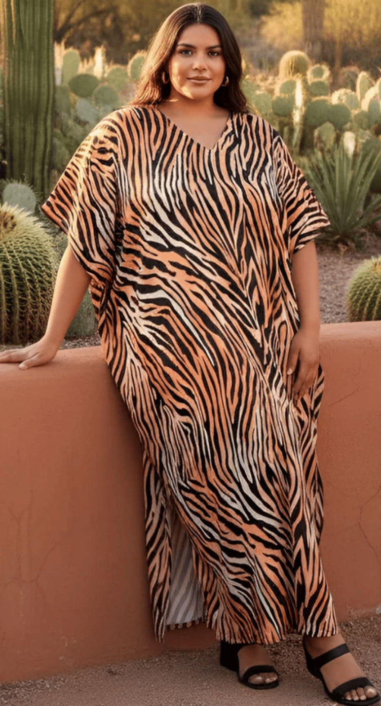 Brown Tiger Stripe Polyester Plus Size Kaftan for Women 1X-3X V Neck | GypsieBlu