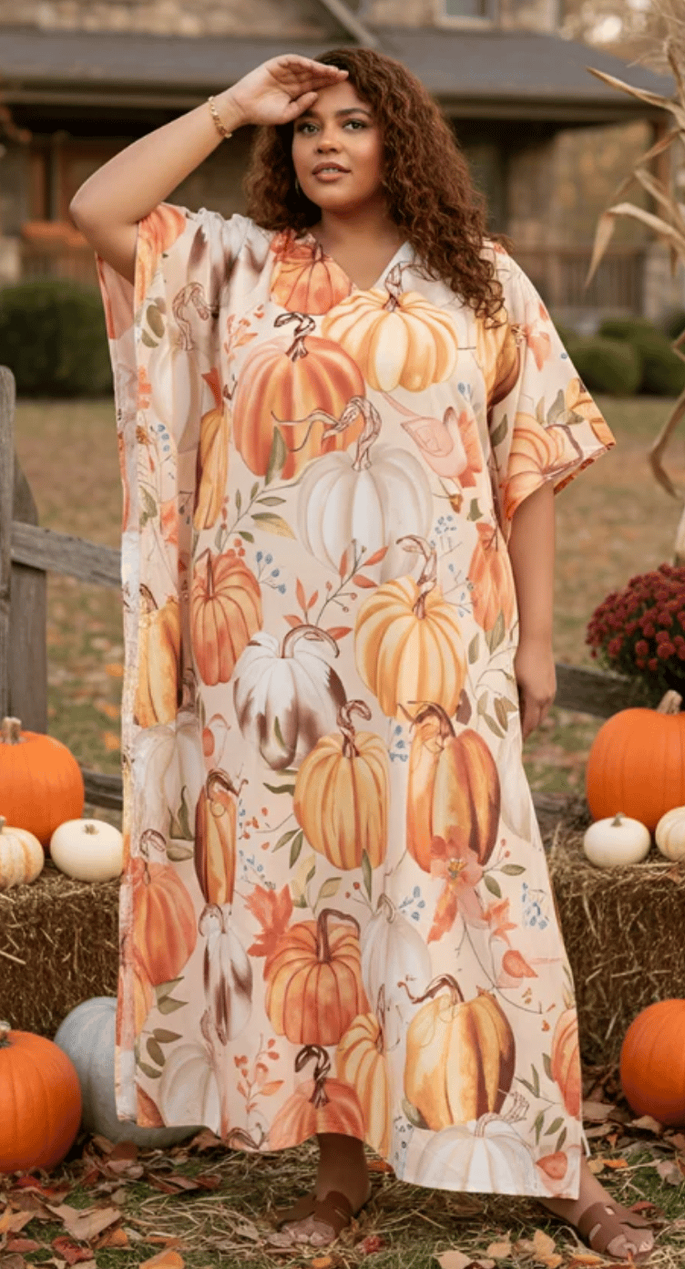 Light Peach Watercolor Pumpkin Plus Size Kaftan for Women 1X-3X | GypsieBlu