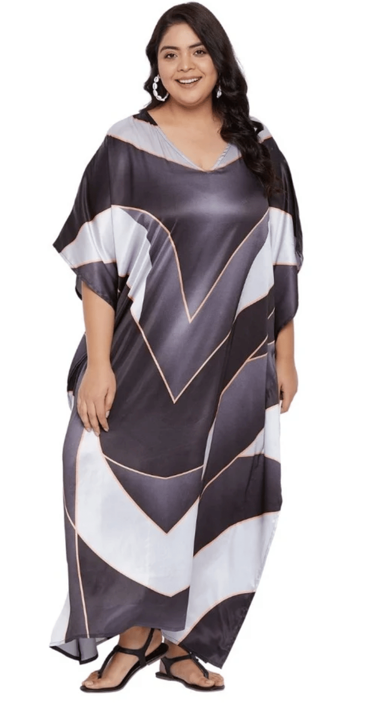 Black Chevron Satin Plus Size Kaftan Dress for Women 1X-3X | GypsieBlu