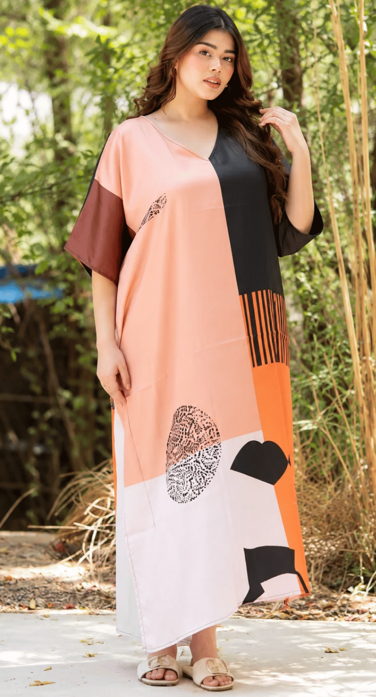 Baby Pink Color Block Satin Plus Size Kaftan Dress for Women 1X-3X | GypsieBlu