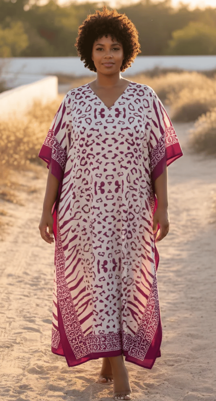 Off White Leopard Zebra Polyester Plus Size Kaftan for Women 1X-3X | GypsieBlu