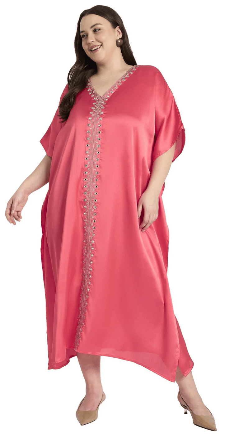 Salmon Pink Embroidered Satin Plus Size Kaftan Dress for Women 1X-3X V Neck | GypsieBlu