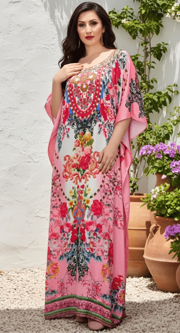 Hot Pink Medallion Floral Satin Plus Size Kaftan Dress for Women 1X-3X V Neck | GypsieBlu