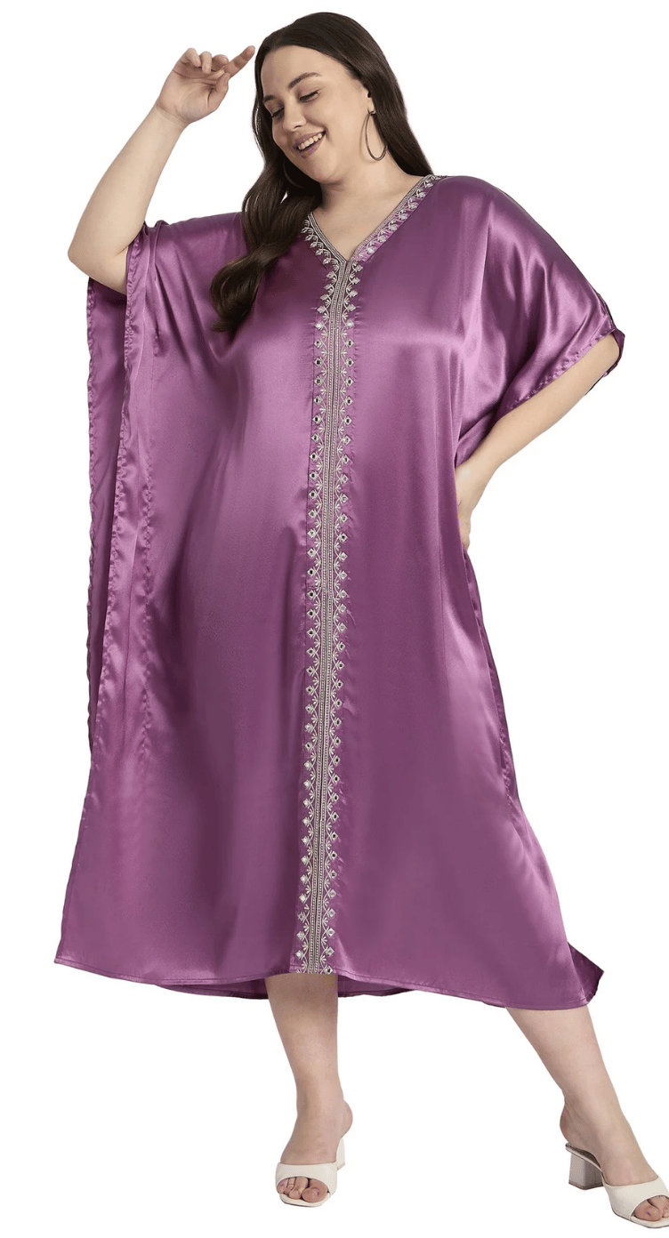Purple Center-Panel Embroidered Satin Plus Size Kaftan Dress for Women 1X-3X V Neck | GypsieBlu