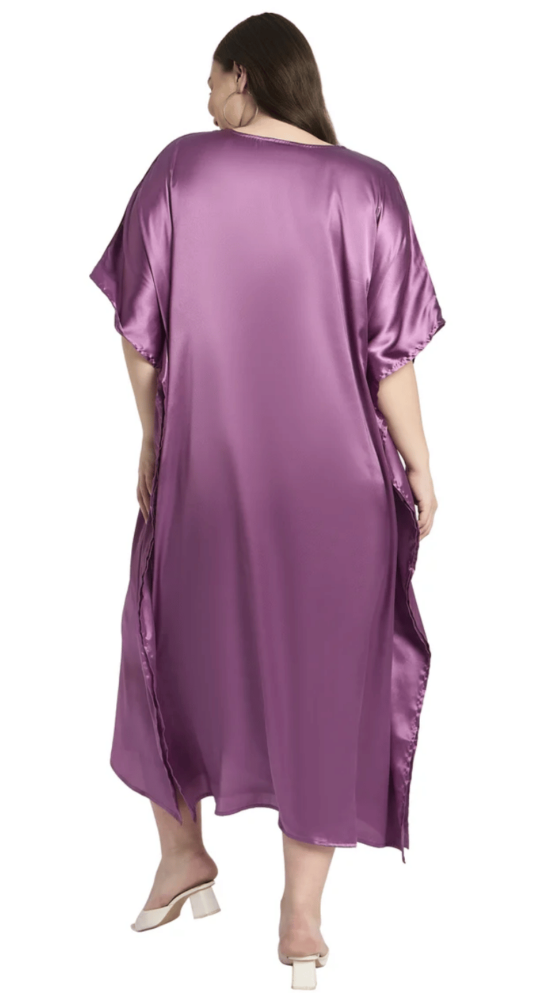 Purple Center-Panel Embroidered Satin Plus Size Kaftan Dress for Women 1X-3X V Neck | GypsieBlu