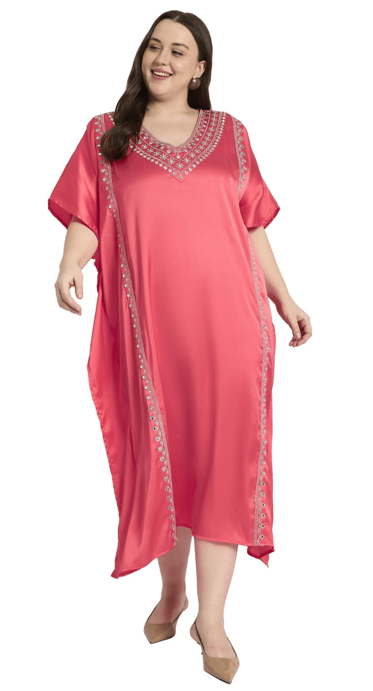 Salmon Pink Embroidered Satin Plus Size Kaftan Dress for Women 1X-3X V Neck | GypsieBlu