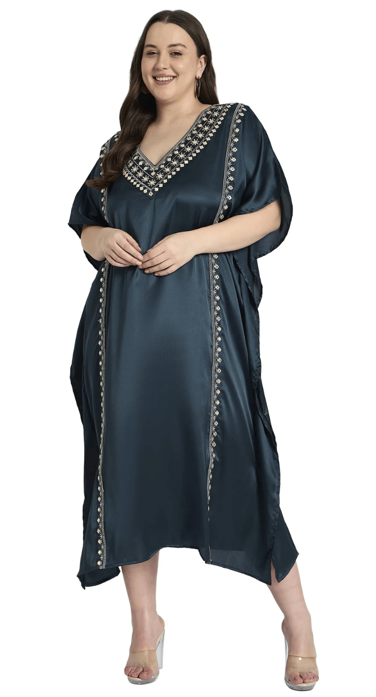 Gray Embroidered Double-Stripe Trim Satin Plus Size Kaftan Dress for Women 1X-3X V Neck | GypsieBlu