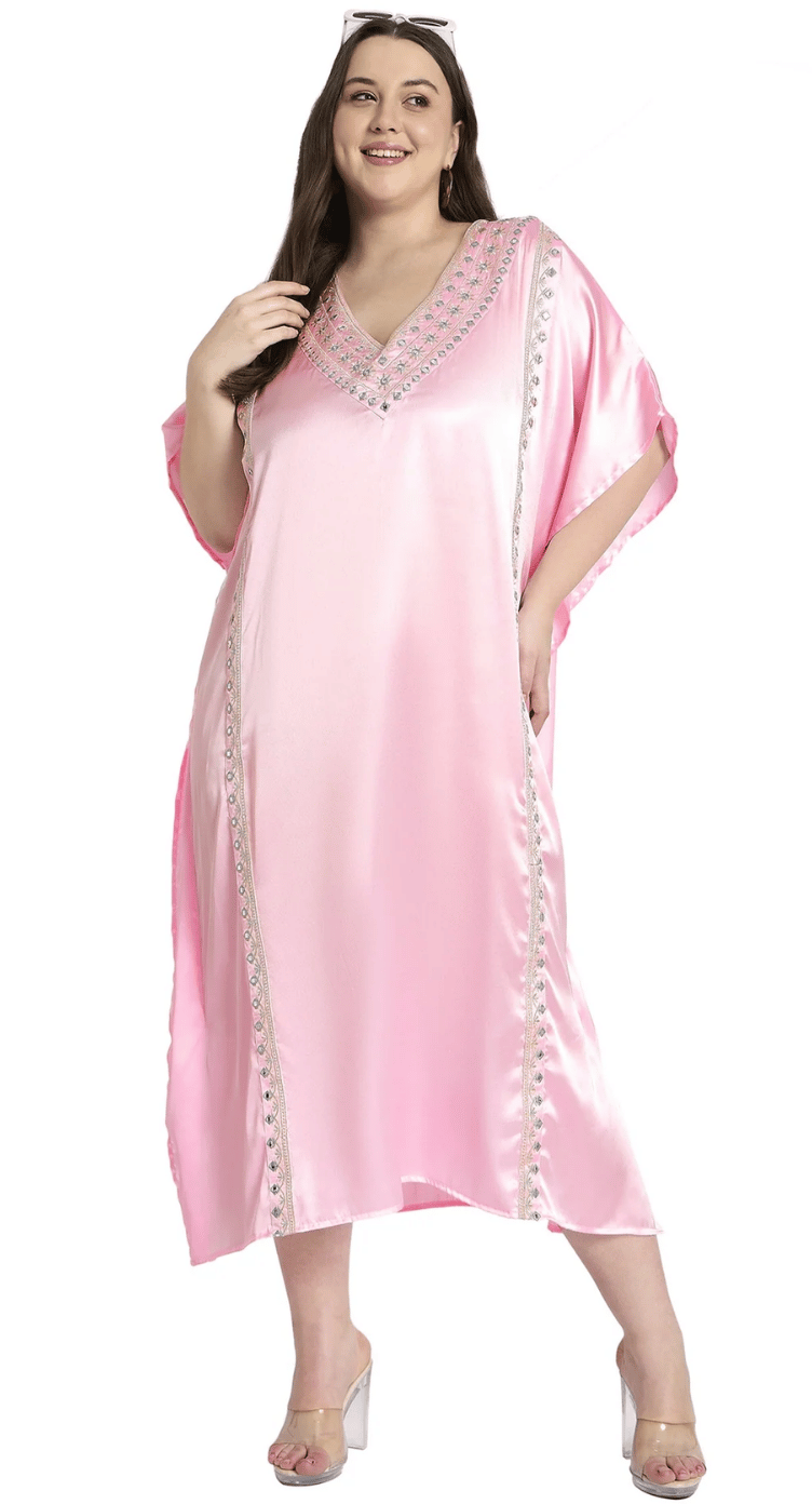 Light Pink Embroidered Satin Plus Size Kaftan Dress for Women 1X-3X V Neck | GypsieBlu