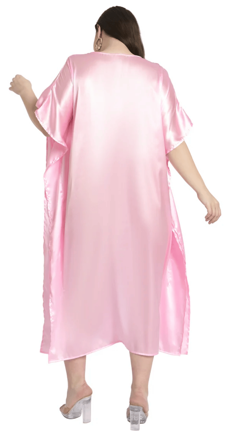 Light Pink Embroidered Satin Plus Size Kaftan Dress for Women 1X-3X V Neck | GypsieBlu