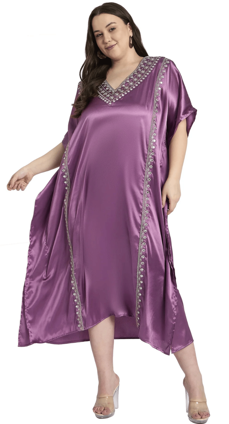 Purple High-Low Center-Panel Embroidered Satin Plus Size Kaftan Dress for Women 1X-3X V Neck | GypsieBlu